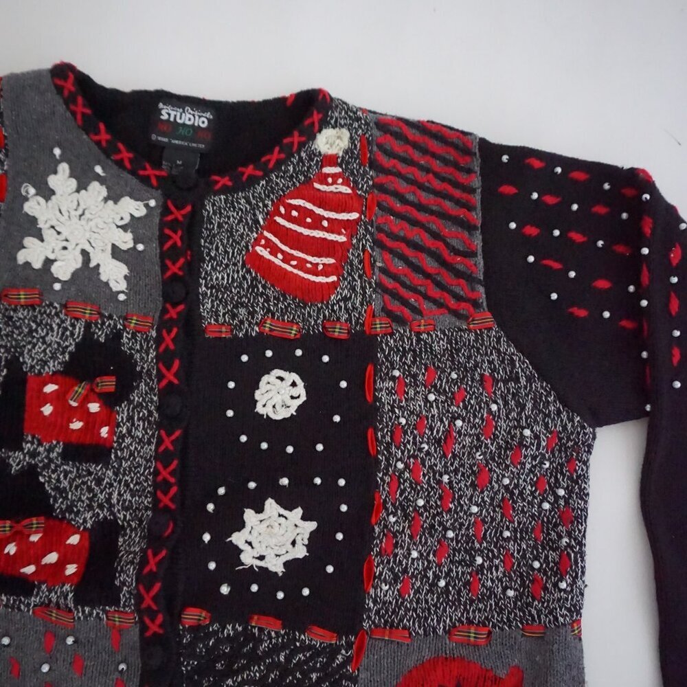 Vintage Designers Originals Studio Snowflake Ornament Patchwork Knit Cardigan M - Picture 6 of 10